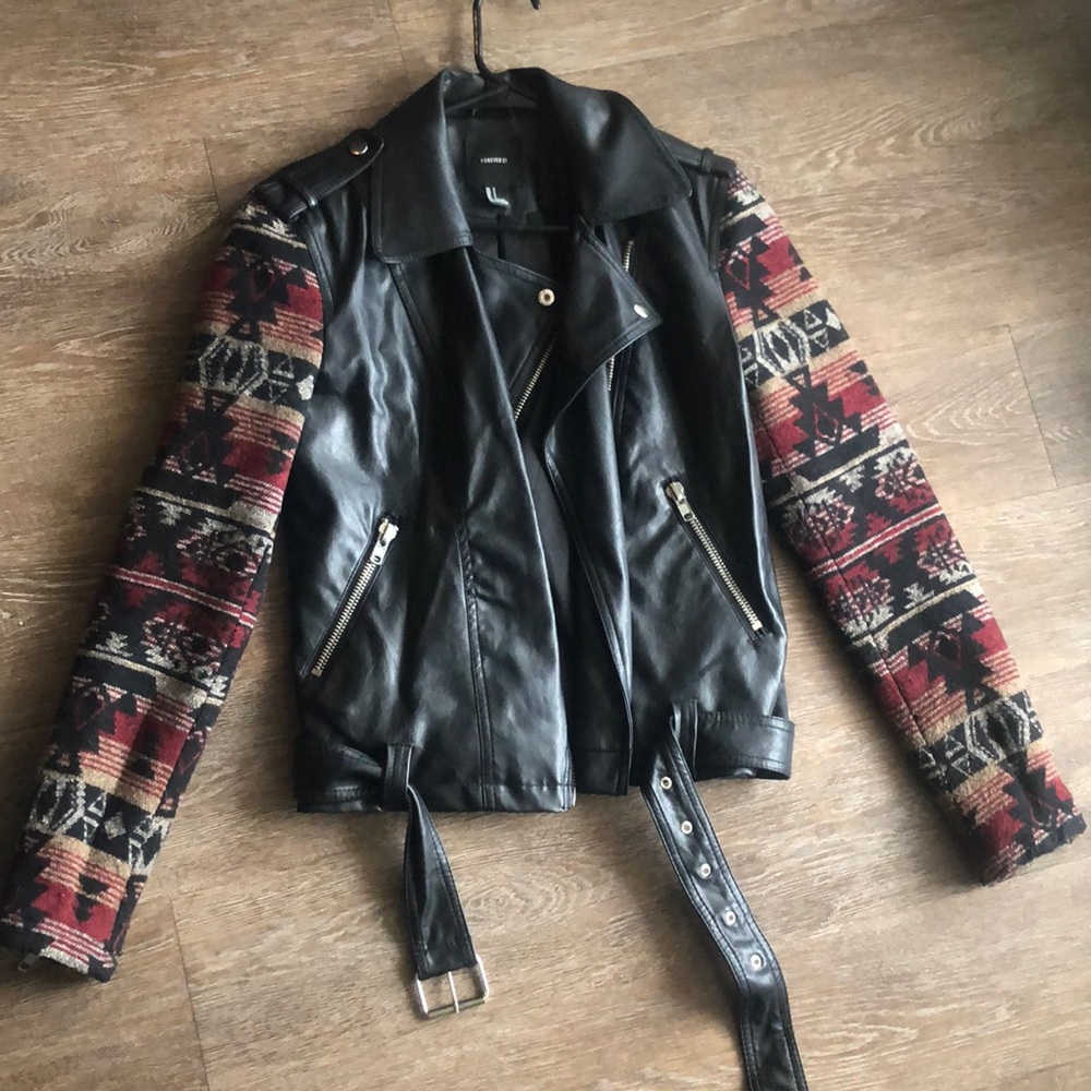 Faux leather jacket with printed sleeves